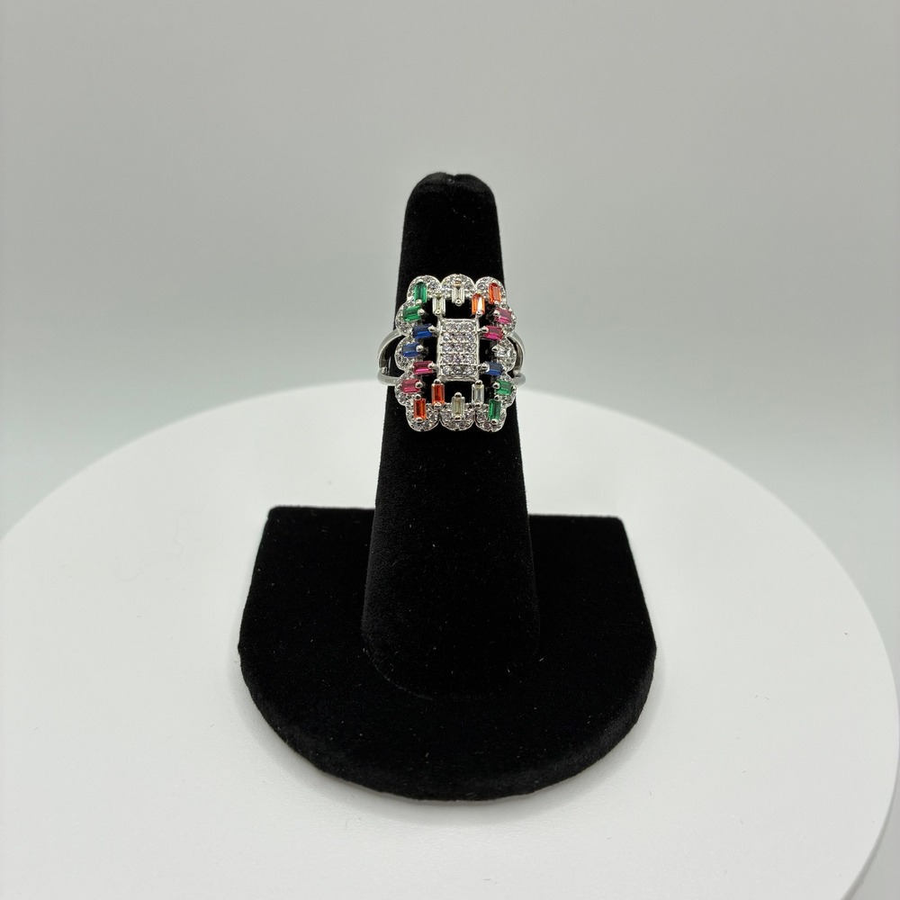 Women's Adjustable Ring Size 5.75 Silver Multi-Color Baguette Crystal Cocktail